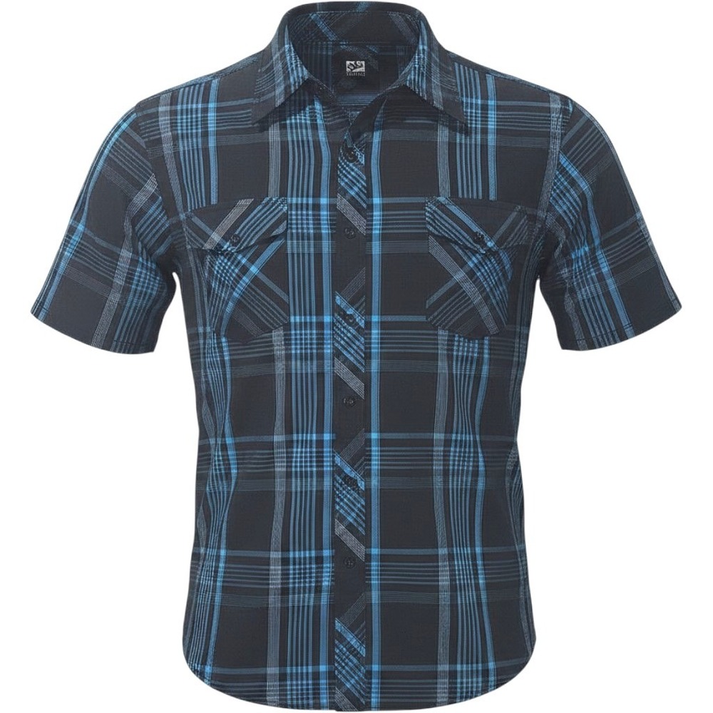Micros Mens Plaid Button Down Short Sleeve Shirt Casual Black‎ Blue